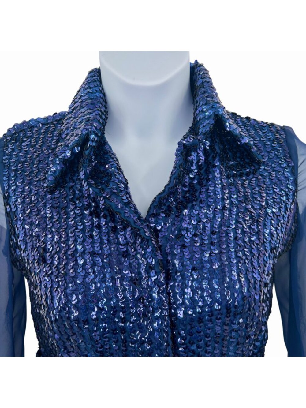 VINTAGE RONA NEW YORK BLUE SEQUIN CHIFFON FORMAL HOLIDAY DRESS - 14 - Picture 4 of 9